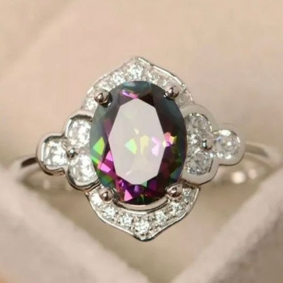 Women's 2 CT Oval Mystic Topaz Diamond Engagement Wedding Ring Box Jewelry Gift